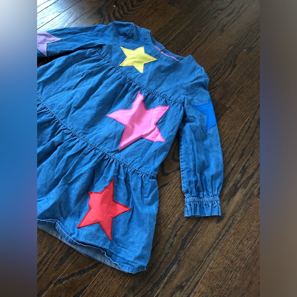 Mini Boden Girls 7-8 Denim Long-Sleeved A-Line Knee-Length Star Applique Dress - Picture 2 of 13